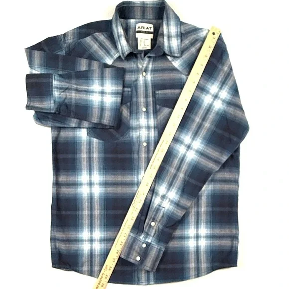 Ariat‎ Retro Fit Plaid Western Snap Button Long Sleeve Shirt Men"s M Blue White - Picture 5 of 9
